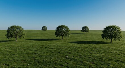 Lush green landscape with scattered trees under a clear blue sky