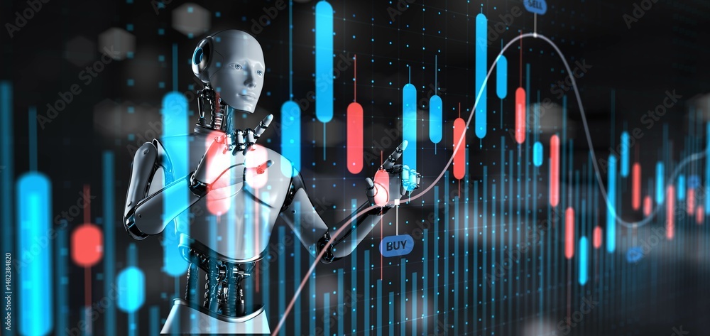 Aufkleber advanced ai in financial trading and market analysis with robotic assistance. 3d render.