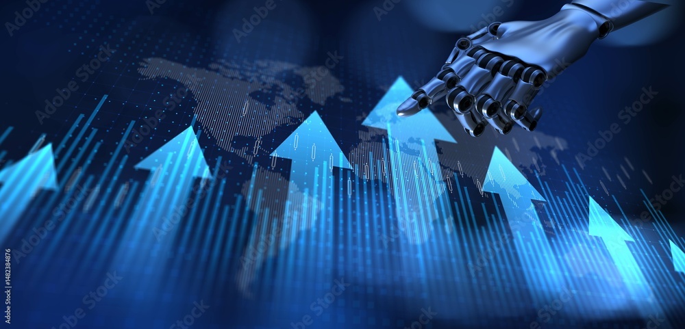 Poster global market trends and economic growth highlighted with robotic precision. 3d render.