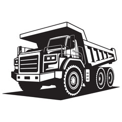 Bold monochrome illustration of a heavy duty dump truck, Vector black silhouette. with white background