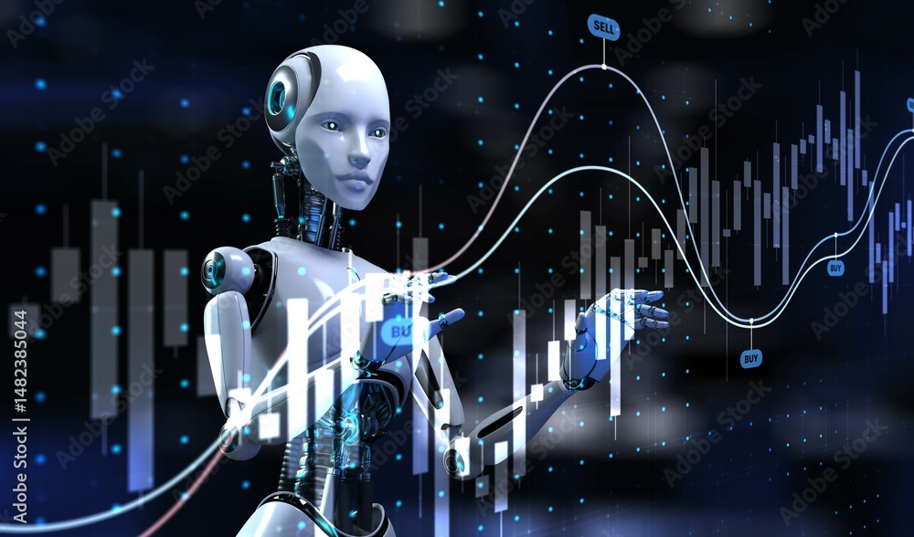 Poster ai-driven trading visualization for stock market predictions. 3d render.