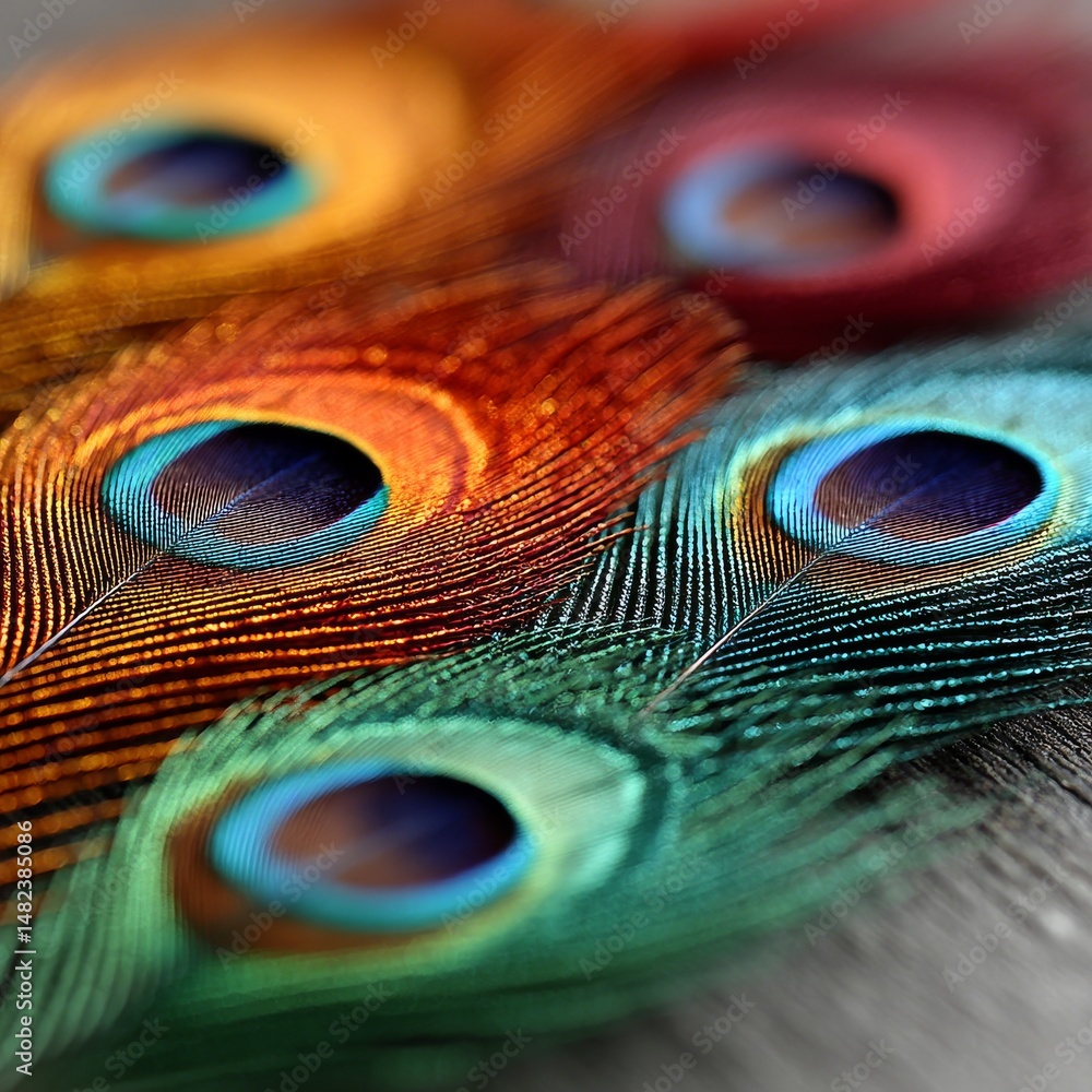 Poster detailed macro image of vibrant peacock feathers exhibiting intricate patterns and colorful iridesce