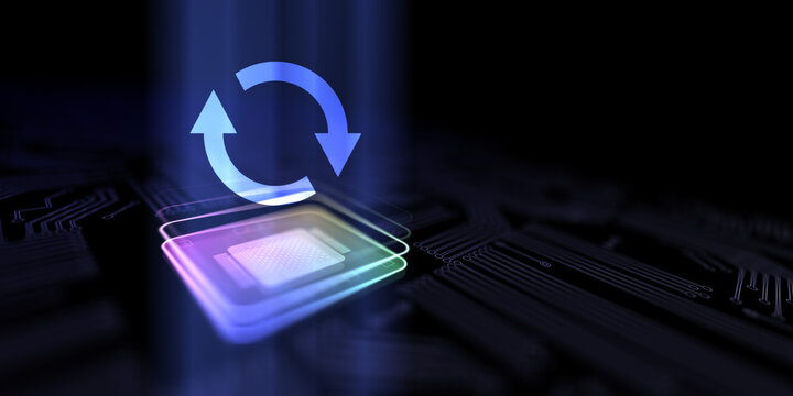 Update Maintaining Current Information and System Reliability Illustrated on a Processor, Business and Technology Concept.