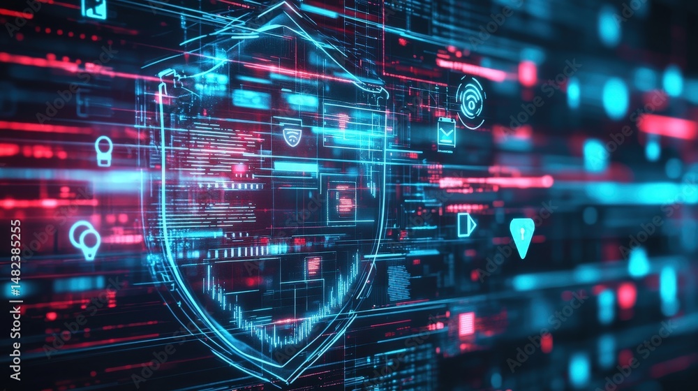 Poster an ultra-modern cyber defense system represented by a transparent holographic shield with security l
