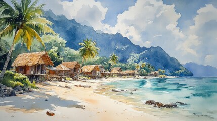 Tropical beach huts nestled on a sandy shore, lush vegetation and mountains in the background