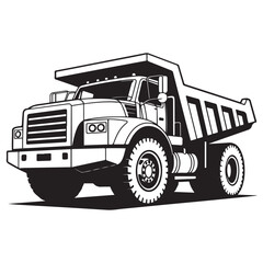 Bold monochrome illustration of a heavy duty dump truck, Vector black silhouette. with white background