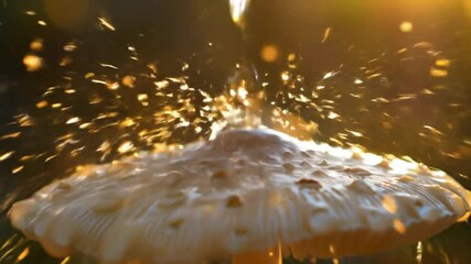 Super slow motion shot of a droplet of water splashes and drips over a mushroom cap (Parasol Mushroom) in the forest at sunset - Powered by Adobe