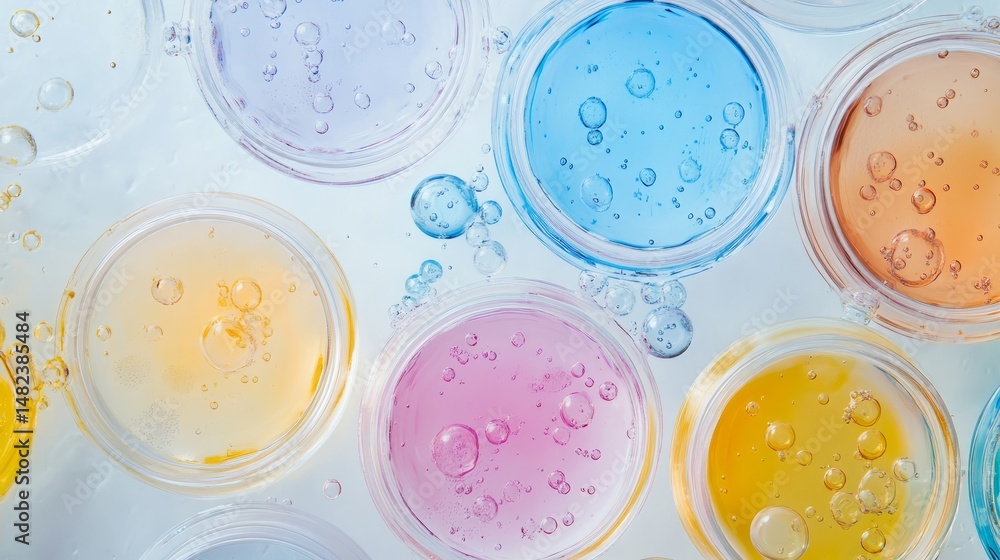 Poster top view of laboratory petri dishes arranged in patterned layout on white background featuring scien