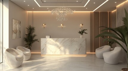 An upscale hotel reception space with a touch of glamour, featuring chandeliers, soft lighting, and a front desk made of marble, offering guests a luxurious first impression