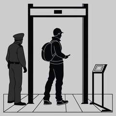 a traveler standing at a customs checkpoint silhouette vector design art and illustration