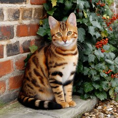 Obraz premium Golden Bengal Cat Posing Beside Brick Wall with Berries and Ivy, a Peaceful Moment of Nature and Domesticity Captured in Time.