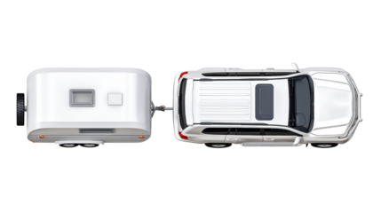 A white SUV towing a camping trailer is shown from above on an isolated background, highlighting its practical design for motorhome adventures. Element for advertising and design.