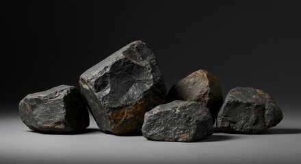 A collection of dark, textured rocks arranged artistically on a smooth surface