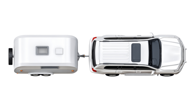 A white SUV towing a camping trailer is shown from above on an isolated background, highlighting its practical design for motorhome adventures. Element for advertising and design.