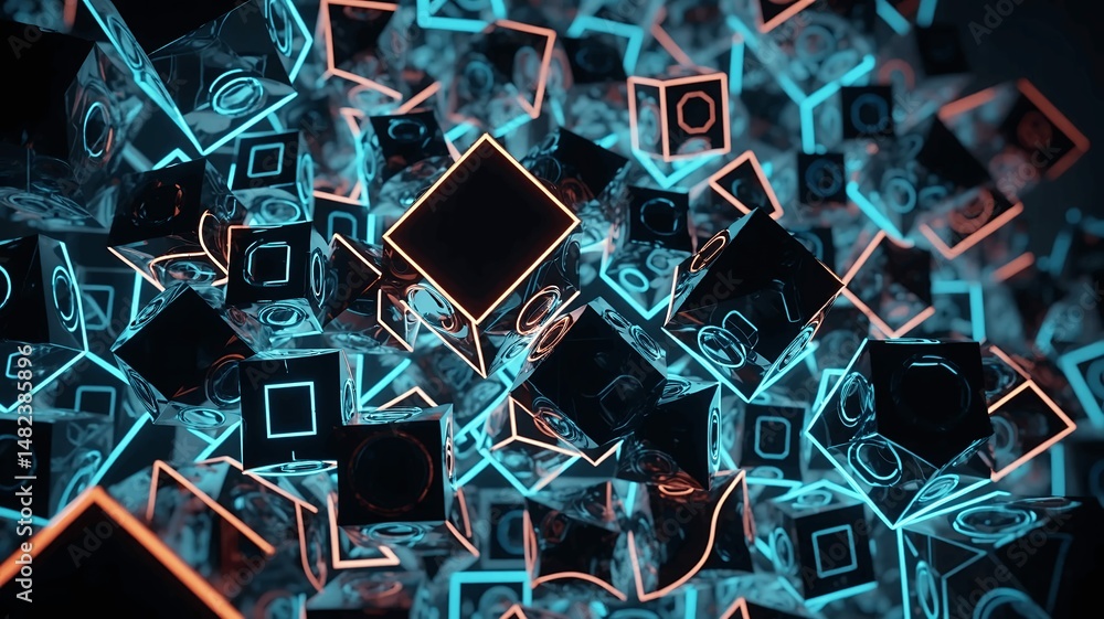 Poster abstract composition of glowing cubes with reflective surfaces create a mesmerizing visual texture