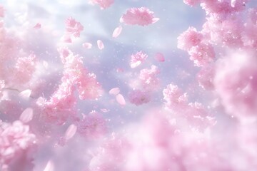 Fototapeta premium Beautiful japanese cherry blossom with floating petals in a soft dreamy sky