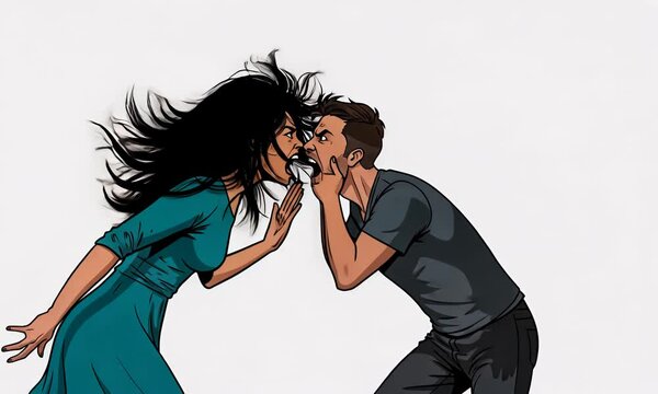 A couple in mid-argument, faces contorted with anger. Woman's hair flying, man gripping his face