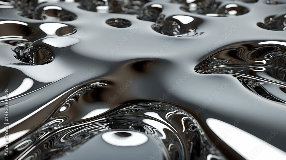Poster Abstract chrome surface featuring fluid shapes and reflective patterns in a dynamic composition.