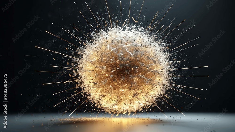 Poster abstract burst with golden particles and shattered pieces emanating from a central sphere form.