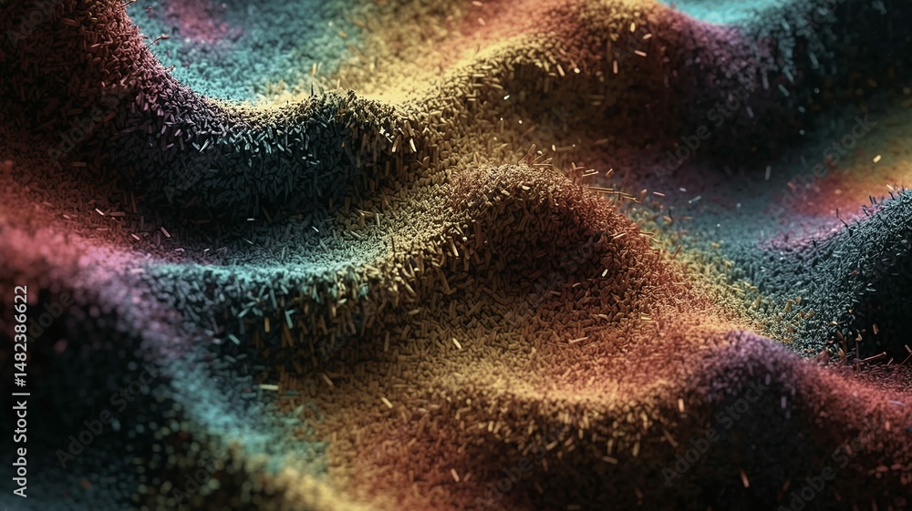 Poster abstract landscape of textured particles in vibrant gradient colors, evoking depth and movement.