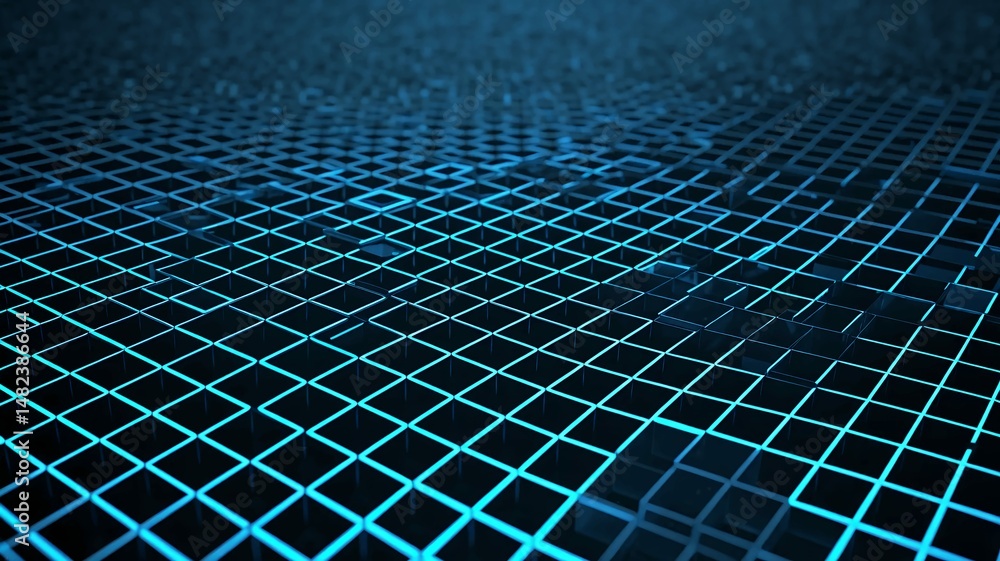 Poster futuristic blue grid pattern fades into the distance creating a sense of depth and modern design.