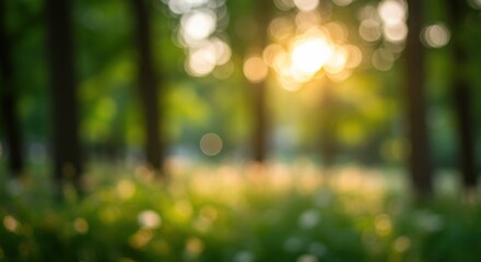 Softly blurred forest scene with sunlight filtering through trees, evoking tranquility