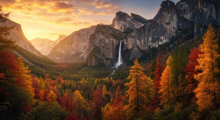 Majestic Autumn Landscape with Waterfall and Colorful Forest in Yosemite