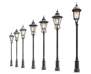 Antique street lamps of varying sizes, set against a plain white background.  Detailed depictions of lamp posts and glass shades