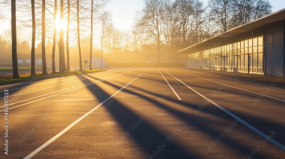 Poster capture a peaceful morning view of an empty running track with soft golden sunlight and long shadows
