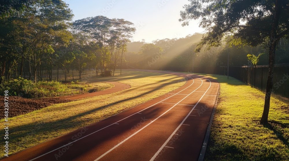 Poster capture a peaceful morning view of an empty running track with soft golden sunlight and long shadows