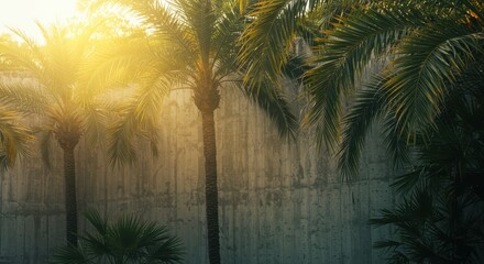 Lush palm trees basking in sunlight against a textured concrete wall backdrop
