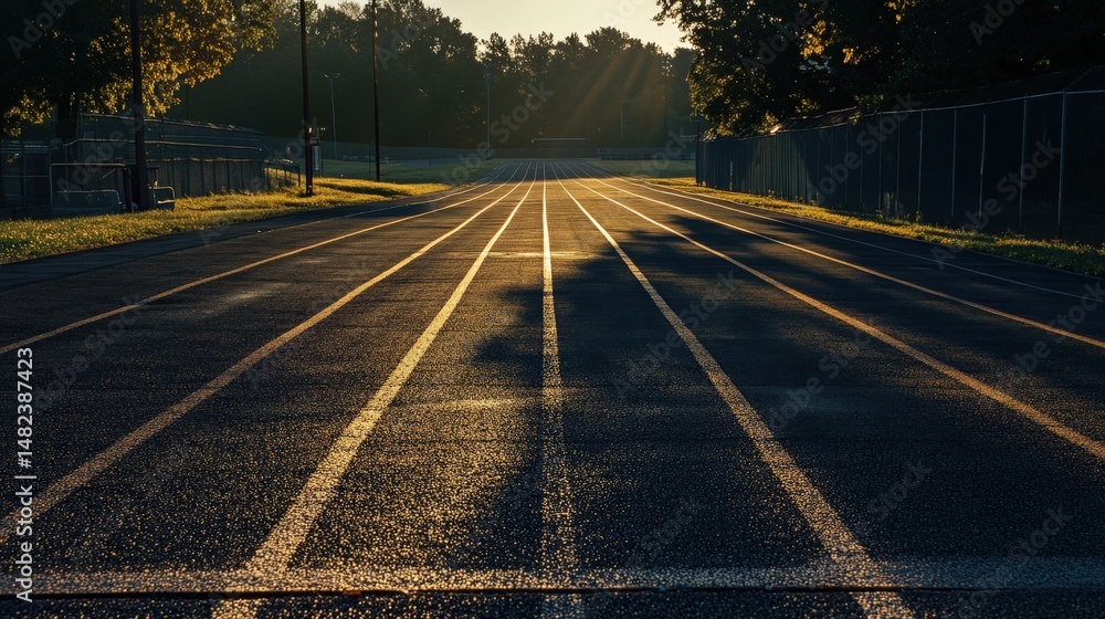 Poster capture a peaceful morning view of an empty running track with soft golden sunlight and long shadows