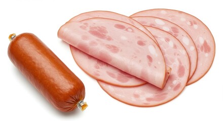 Sliced deli meats including bologna and ham on a clean white background