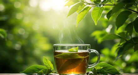 Freshly brewed herbal tea in a glass cup surrounded by lush green foliage