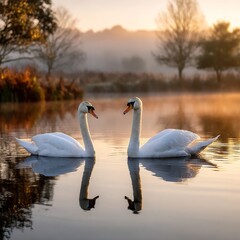Fototapeta premium Two Swans Kissing Their Reflections in a Misty Lake at Sunrise, A Serene Moment in Nature