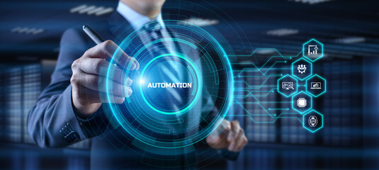 Automation Innovation technology concept. Businessman pressing button on screen.