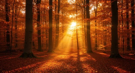 Serene autumn forest with sunlight filtering through trees and golden leaves