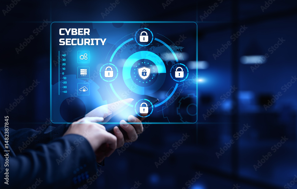 Poster cyber security access control data protection personal information privacy concept. businessman pres