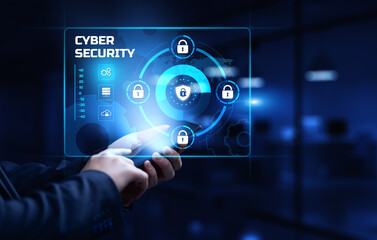 Cyber security access control data protection personal information privacy concept. Businessman pressing button on screen.