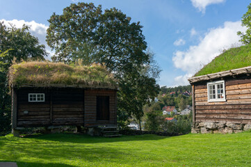 Oldest historical buildings, sod roofs. Leirvik, Stord, Norway.