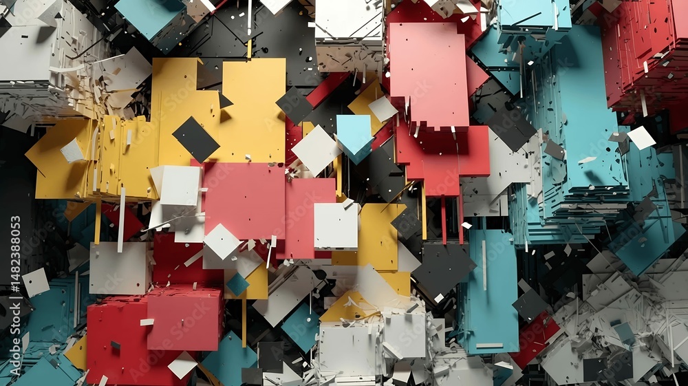 Poster dynamic abstract composition featuring colorful geometric shapes with a strong visual impact design