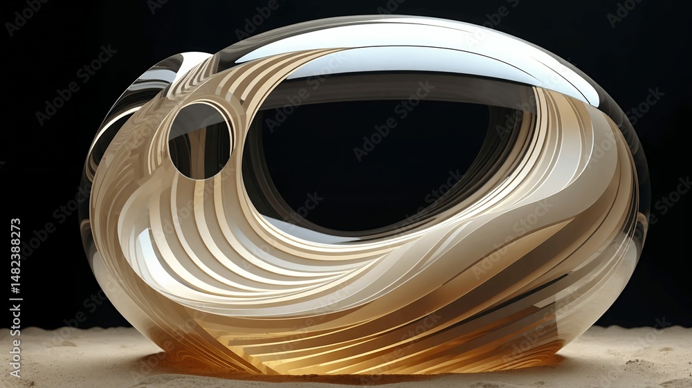 Poster abstract glass orb with internal layered structure resting gently on a textured tan surface.