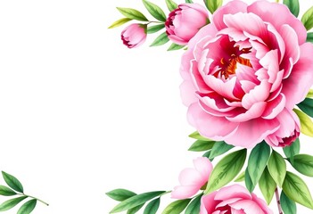 Elegant watercolor wedding invitation design featuring lush pink peonies and green leaves, event, save the date