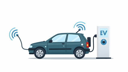 Flat High Quality Photo Stock Image: Wireless Energy Transfer for EVs with Advanced Digital Analytics & Modern Visualizations of Innovative Contactless Charging Systems in a Cute Vector Style.