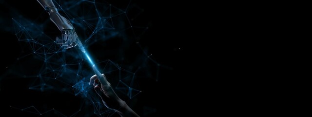 Human and Robotic Interaction Illuminated in a Futuristic Digital Network.