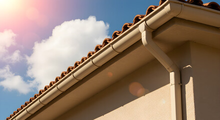 Obraz premium Beige House Corner Featuring Clay Tile Roof and Gutter System Against Blue Sky with Clouds and Sunlight