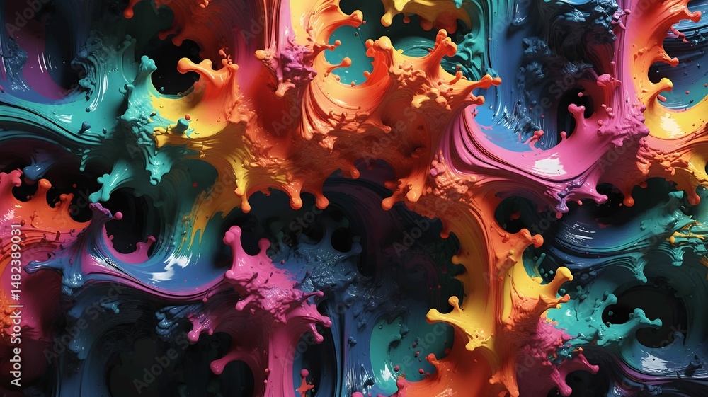 Poster vibrant multicolored paint splatters collide and merge, creating a fluid, dynamic abstract design.