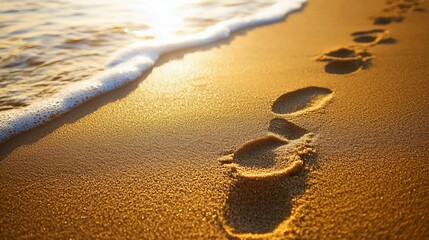 Golden footprints on the sandy shore reflecting sunlight at early morning