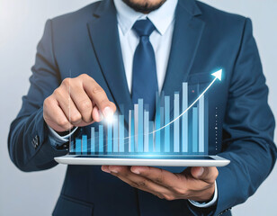 Businessman interacts with upward trending graph on tablet
