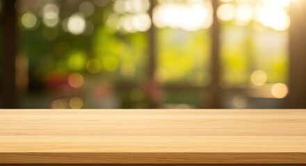 Sunlit wooden table in a vibrant garden setting with blurred background